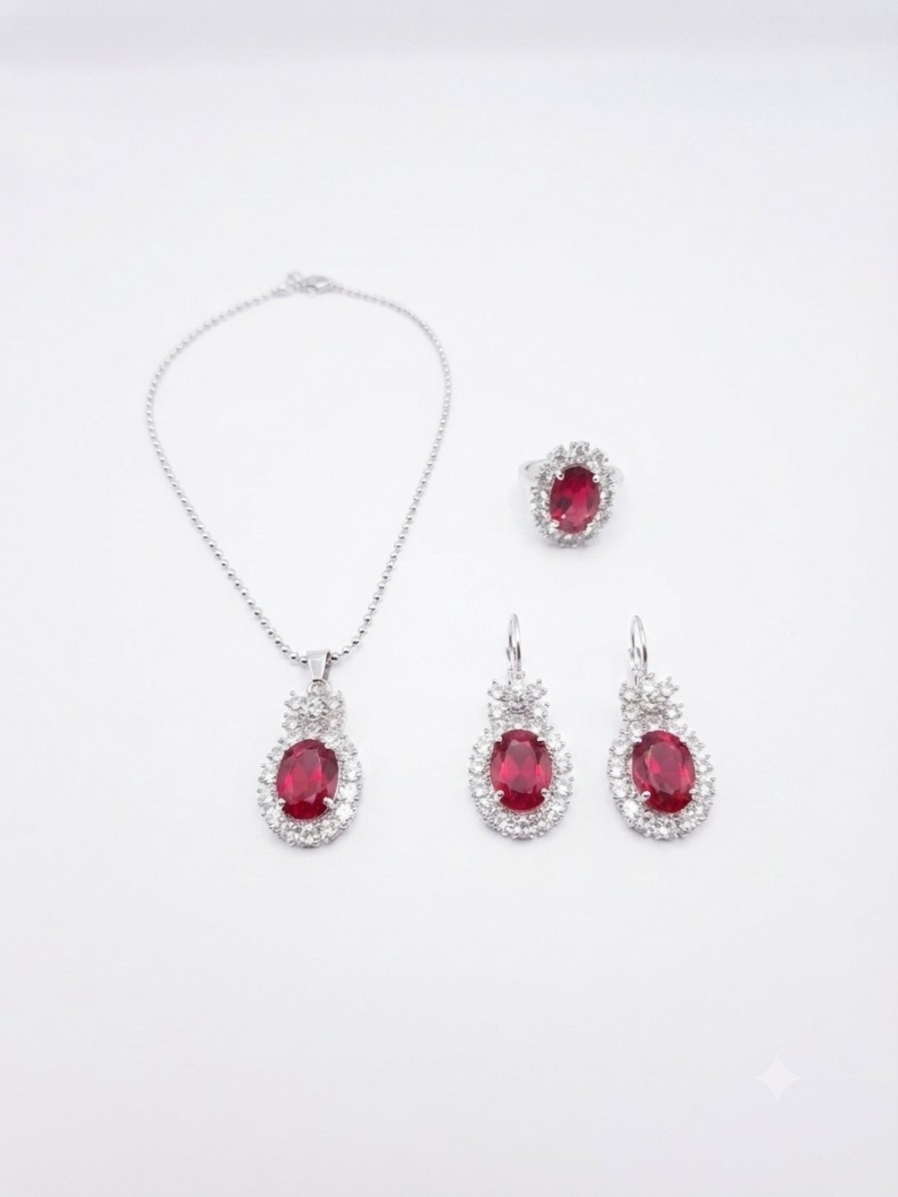 Sterling Silver Red Crystal Pendant Necklace and Earring Set